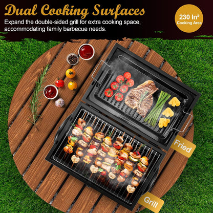 Joyfair Portable Charcoal Grill (2 IN 1 Double-Sided), Small Tabletop Barbecue Grill with Food Tray & Rack for Outdoor Camping Home Patio BBQ Grilling, Heavy Duty & Multi-use, Easy Assembly (230Sq.in)
