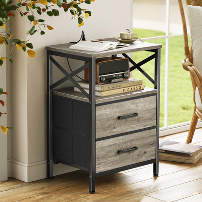 Huuger Night Stand with Charger Station, 2 Drawer Nightstand with Open Shelf, Bed Side Table with USB-C Port, End Table, Compact Size for Small Spaces, X Shaped Side Rail, Oak