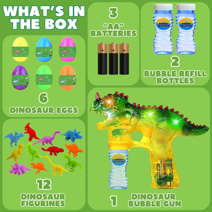 Haktoys Dinosaur Bubble Gun for Kids Automatic Bubble Machine Toy, Outdoor Bubble Maker Blower for Toddlers Boys Girls Backyard Play, 1 Pack with Figurines