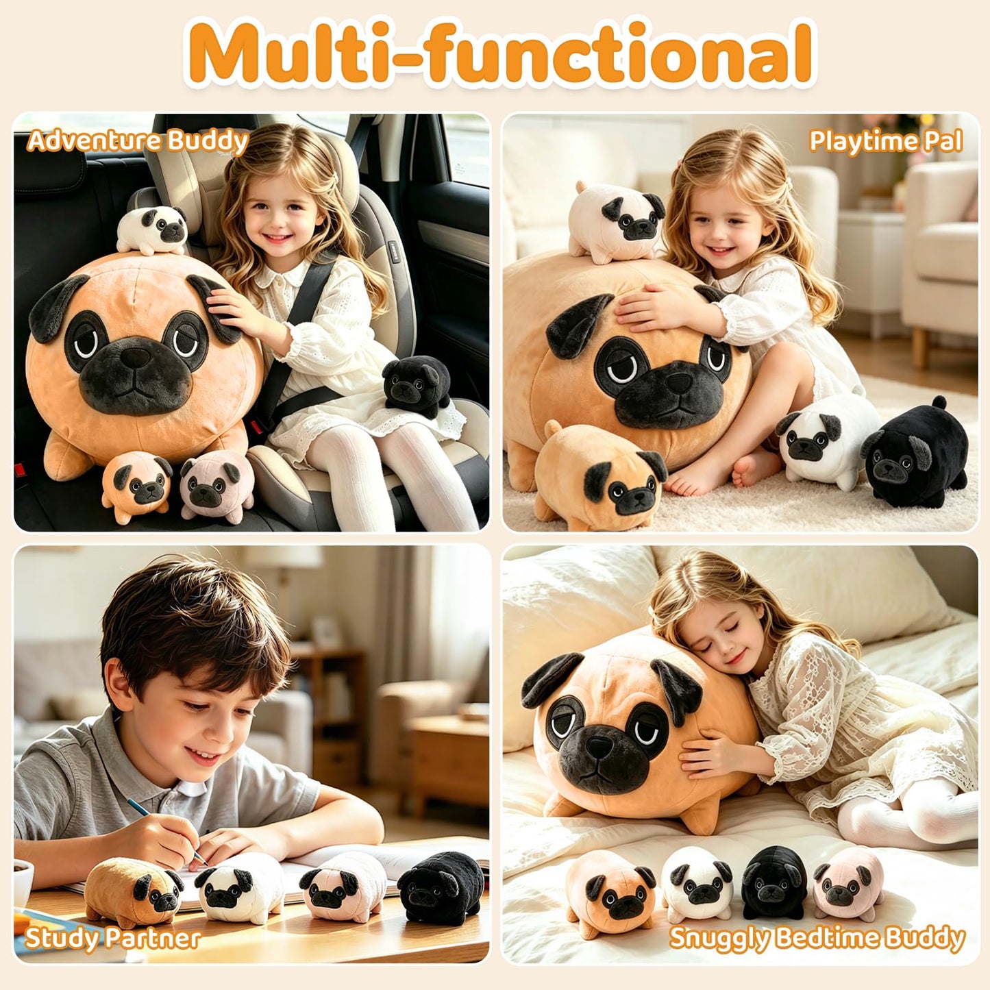 MMguai 16 Inch Large Pug Stuffed Animals with Babies, Mommy Pug Dog with Puppies Inside Belly,Soft French Bulldog Pillow Plush Toy Plushie Gift for Kids Boy Girl, Brithday Decor
