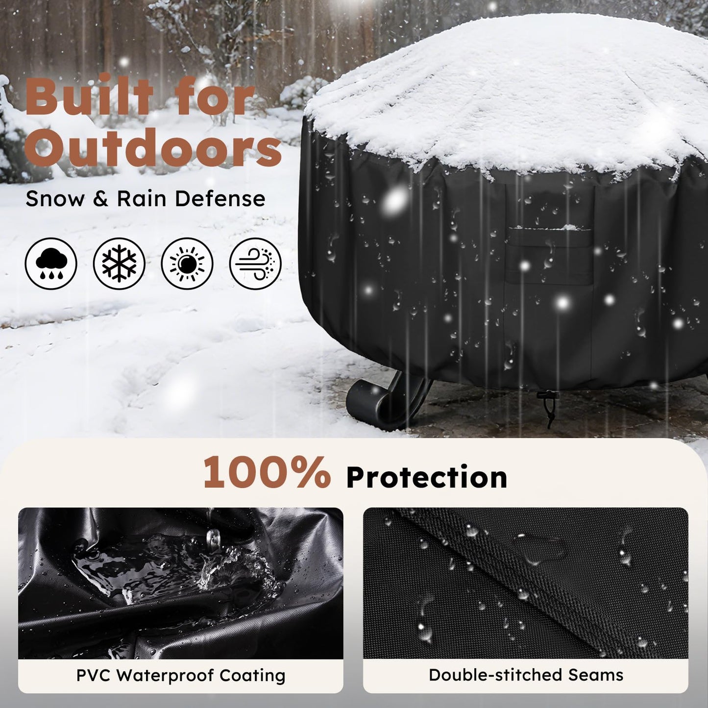 MR. COVER Round Fire Pit Cover 48 Inch, Heavy Duty 600D Waterproof Windproof Fire Pit Table Cover, Rip-Proof Fade Resistant Outdoor Firepit Cover with Straps and Built-in Vents, Black