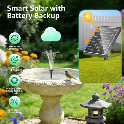 PONDIA Solar Fountain Pump with Battery Backup, 7.5W Solar Water Pump Built-in 3000mAh Battery, Dual-Layer Nozzles 7+ Spray Modes & 5Ft PVC Tubing, Pond Fountain for Bird Bath Garden Water Feature