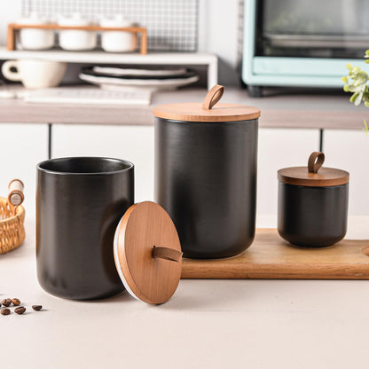 CoorFormer Black Ceramic Canister Set with Bamboo Lids, 3-Piece Airtight Food Storage Jars for Kitchen - Flour, Sugar, Coffee, Tea, Spice - Small, Medium, Large Sizes