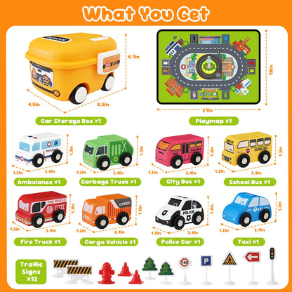 Toddler Car Toys, Toy Cars for Toddlers, Wooden Cars Toys for Toddler Boy, 22 PCS Cars and Trucks Toy Vehicles Set with Playmat, Storage Box, Wood Montessori Toys for Baby Birthday Gift