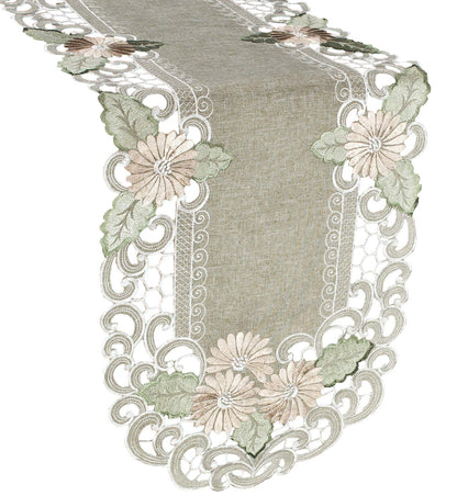 LINENS ART AND THINGS Embroidered Table Runner Gold Daisy Fleur Latte Dresser Scarf Doily (15Wx34L)