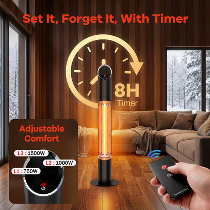 Outdoor Electric Patio Heater, Portable Infrared Heater, Heaters for Outdoor/Indoor Use, Standing Heaters for Patio, Garage, Backyard, 1500W, Black