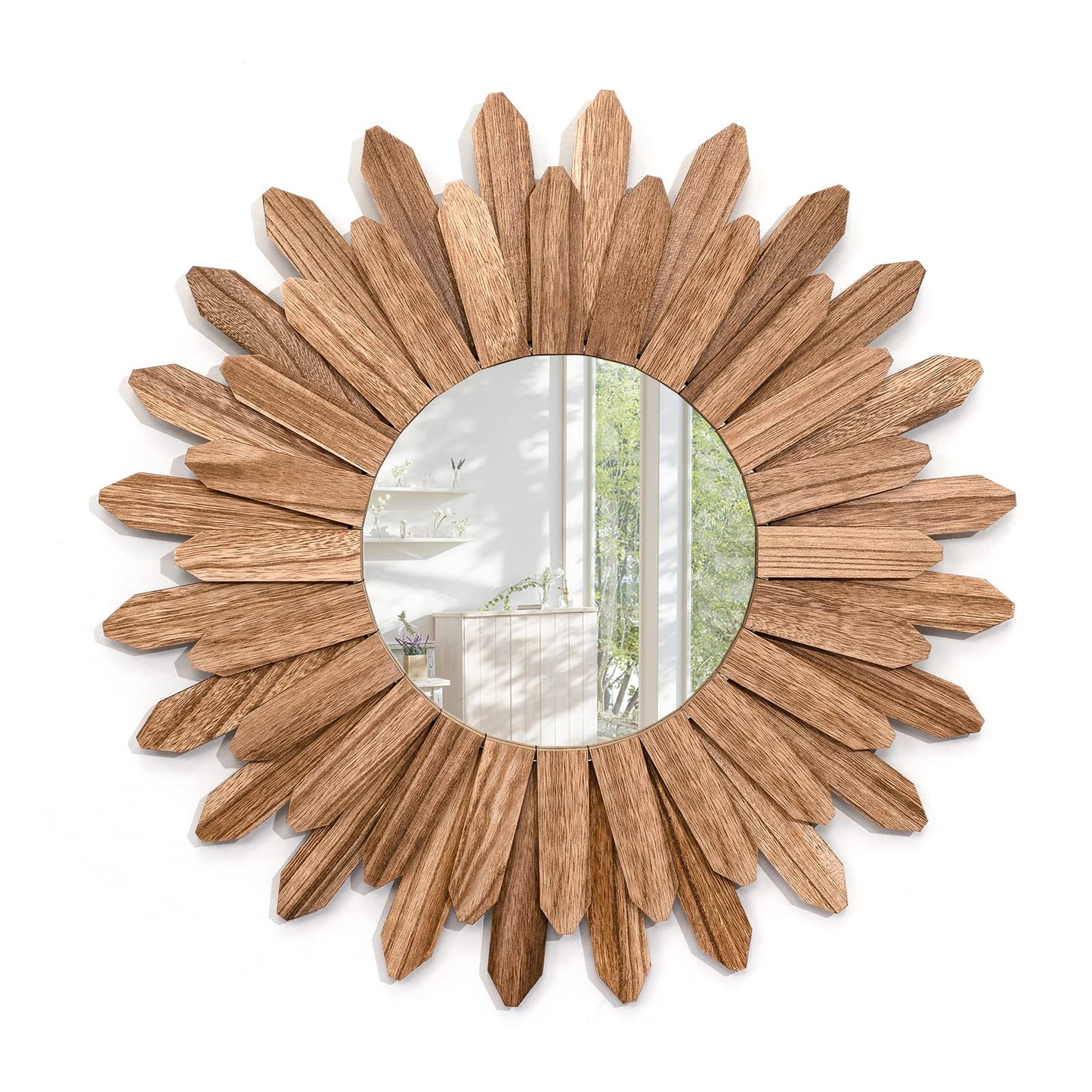 Emfogo Wall Mirror 21 inch Rustic Wood Sunburst Boho Mirror Wall Decor Home Decor for Bedroom Living Room Entryway Farmhouse (Carbonized Black)