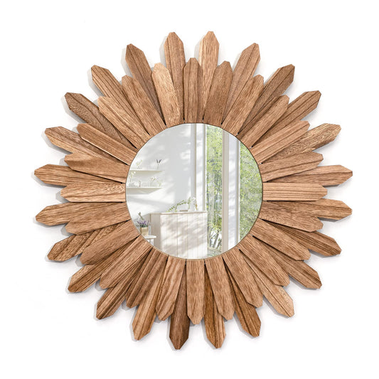 Emfogo Wall Mirror 21 inch Rustic Wood Sunburst Boho Mirror Wall Decor Home Decor for Bedroom Living Room Entryway Farmhouse (Carbonized Black)