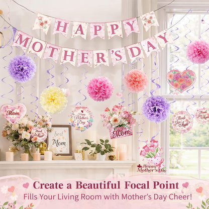 Mother's Day Decorations Set - Happy Mother's Day Banner, 6PCS Paper Pom Poms, 13Pcs Hanging Swirls with Best Mom Cardstock Cutouts - Floral Pink Party Supplies for Home, Mantle, Wall Decor
