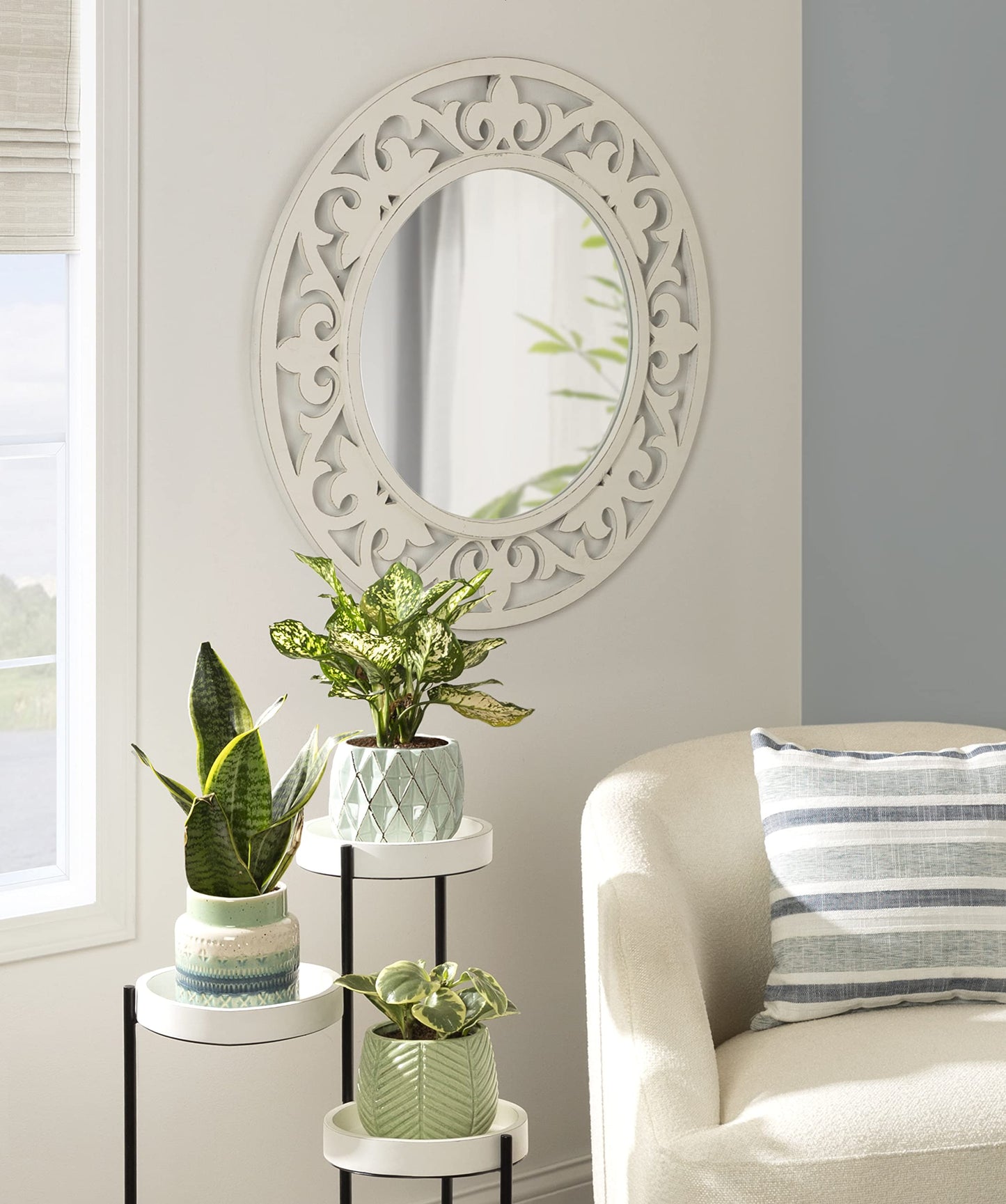 Kate and Laurel Shovali Coastal Round Mirror; 32 Inch Diameter; White; Decadent Wall Decor with Ornate Wood-Carved Frame