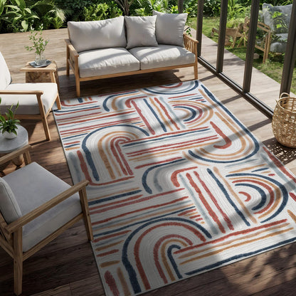 CAMILSON Indoor Outdoor Rug, Multicolor 5x7 Geometric Arch Striped Area Rugs for Patio and Home Areas, Easy-Cleaning Non-Shedding Living Room, Garden and Deck Washable Outside Carpet (5 x 7)