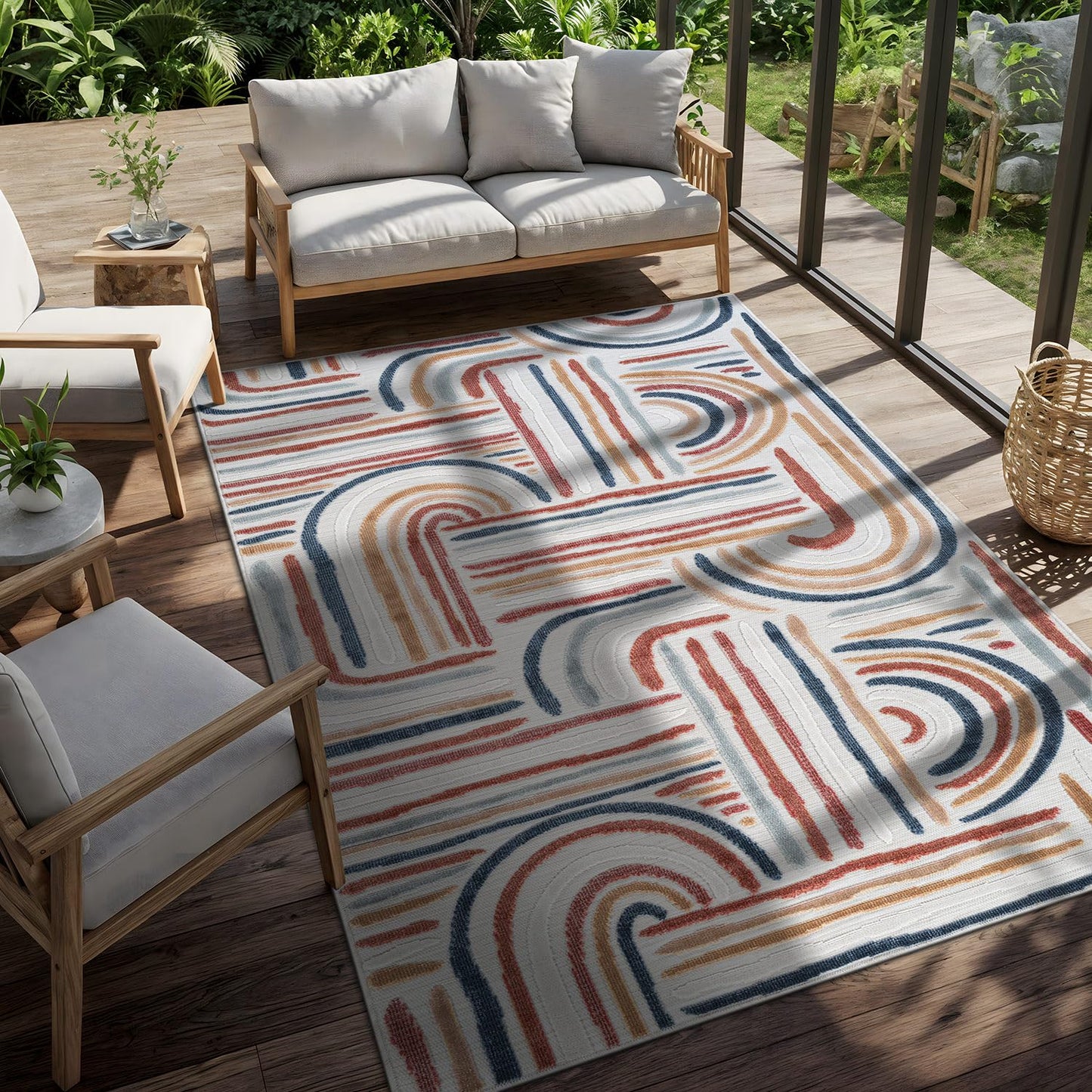 CAMILSON Indoor Outdoor Rug, Multicolor 10x14 Geometric Arch Striped Large Area Rugs for Patio and Home Areas, Easy-Cleaning Non-Shedding Living Room, Garden and Deck Washable Outside Carpet 10 x 14