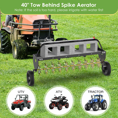 Seeutek 40 Inch Tow Behind Spike Aerator - Heavy Duty Rolling Lawn Aerator with 3D Steel Tines & Weight Tray, Extra-Wide Tow Bar Soil Penetrator Spikes Tractor with Folding Shovel for Lawn Garden Farm