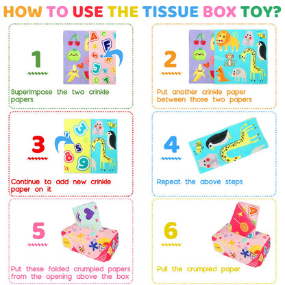 Baby Tissue Box - Montessori Toys for 6-12 Months, 1 Year Old - Soft Stuffed High Contrast Crinkle Infant Sensory Toy, Boys&Girls Toddler Early Learning Baby Gifts
