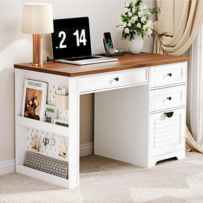 Ieejdn 47" Home Office Desks, Executive Desk, Farmhouse Computer Desk with Drawers and Charging Station, File Drawer, Storage Cabinet, Rustic Computer Writing Desk,Antique White