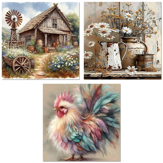 Ekuxom 3 Pack Diamond Art Kits for Adults - Rustic Farmhouse Daisy Diamond Painting Kits for Adults - 5D DIY Round Full Drill Diamond Dot Gem Art Crystal Kits for Home Wall Decor 14x14inch