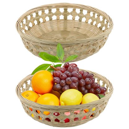 KOHAND 2 Pack Bamboo Baskets, 10.6 x 3.1 Inch Natural Handmade Bamboo Basket, Round Wicker Basket for Picnic, Kitchen, Restaurant, Dinning