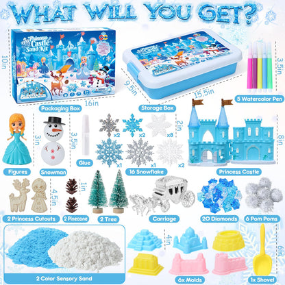 G.C Sensory Bin for Girl Kid Toy, Play Sand Art Kit with Sandbox/2lb Sand/Castle/Molds/Princess Figure, Winter Sensory Toy Christmas Birthday Gift for Girl Toddler Ages 3 4 5 6 7 8