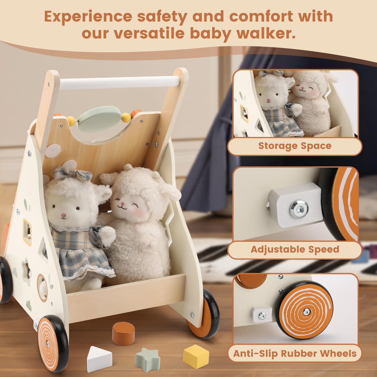 Pithfor Wooden Baby Walker, Baby Push Walker with Activity Center for Girls Boys, Montessori Push Walker Toys for Babies Learning to Walk, Sit-to-Stand, for 10-12 Months 1 2 3 Years Old