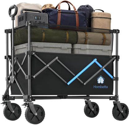 HOMBETTA 39" Collapsible Wagon Cart, 450 lbs Heavy Duty Folding Wagon with Brakes, Adjustable 150L-300L Utility Wagon with All-Terrain Wheels for Camping, Garden, Beach and Shopping