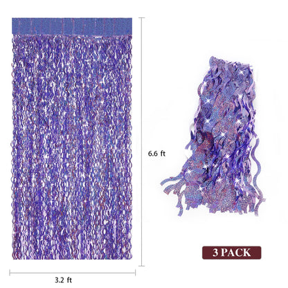 Purple Foil Fringe Curtains Party Decorations - CYLMFC 3 Pack 3.3 ft x 6.6 ft Foil Party Curtain for Hallowee Christmas Graduation Decor