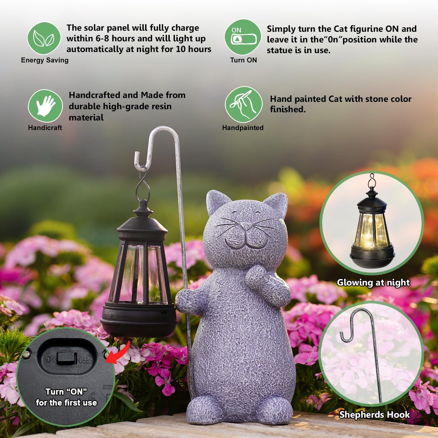 Qeeman Solar Cat Garden Statue: Weatherproof Resin Figurine with Warm Glow Lantern - Outdoor Decor for Yard Pathway Patio Porch Balcony - Gifts for Mom Grandma Cat Lovers