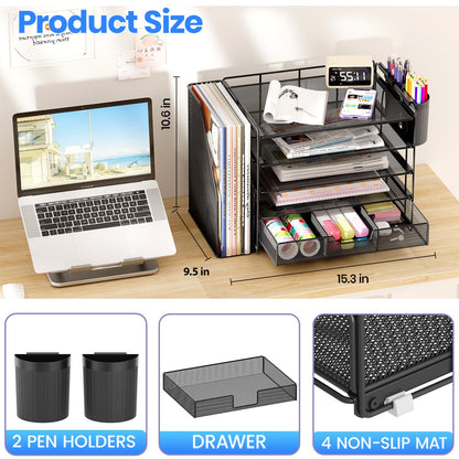 OPNICE Desk Organizer, 5-Tier Paper File Organizer with Drawer & Pen Holder, Office Desk Accessories, Workspace Desktop Organizer for Office Supplies(Black)