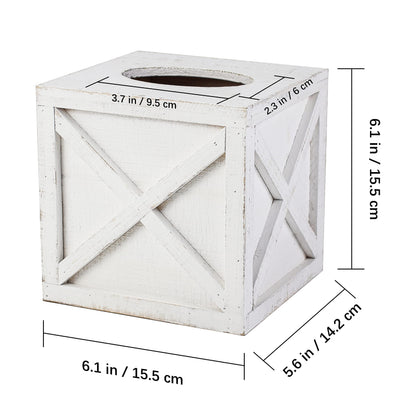 Karisky 2 Pack Square Rustic Wood Tissue Box Cover Holder with Slide-Out Bottom Panel, Farmhouse Facial Paper Dispenser for Bathroom Vanity, Bedroom, Night Stands, Office, 6 x 6 inch, White