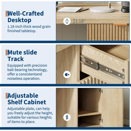 IDEALHOUSE Fluted Executive Desk with Drawers, 60" Modern Home Office Desk with Storage Cabinet, Wood Fluted Computer Desks Workstation for Working, Studying, Writing, Natural Oak