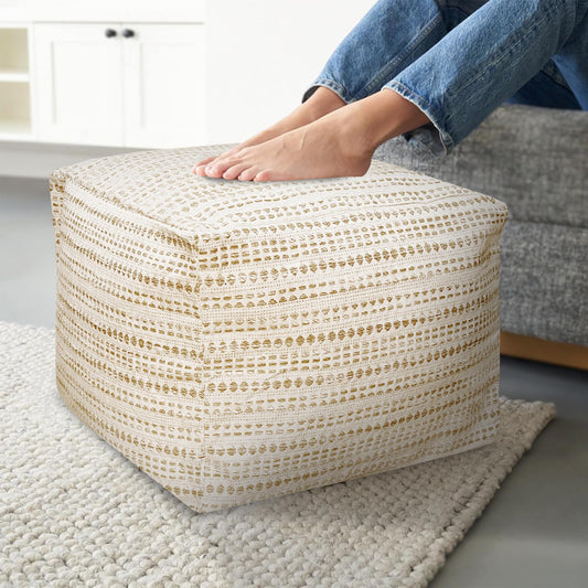 Chardin home Unstuffed Ottoman, Cozy & Bohemian Pouf Covers, Hand Crafted Casual Seating, Footrest, Square Floor Pillow for Home, Office, Bedroom, Living Room, 16.5" x 16.5"x 12.9", Beige-Off White