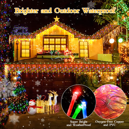 FLVOECN 98FT 960 LED Christmas Lights, Waterproof 8 Modes Ice Lights for Outside with Memory and Timer Hanging Fairy Lights Plug-in Curtain String Lights for Holiday Party Wedding Home (Multicolor)