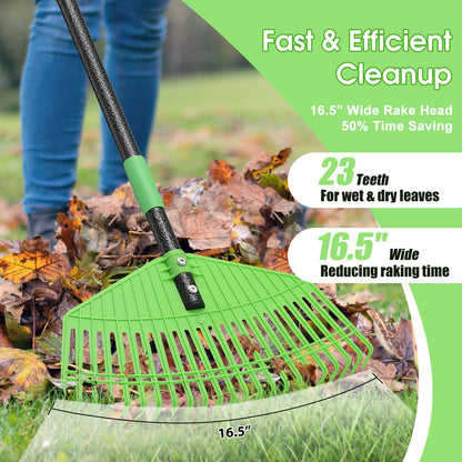 Garden Leaf Rake,16.5” Plastic Leaf Rake for Lawn,Unbreakable Nylon Head, No Harm to Lawn Grass,Yard Raking Tools for Turf Leaves Thatch Debris Pine Needle Cleanup, Lightweight for Kids Seniors