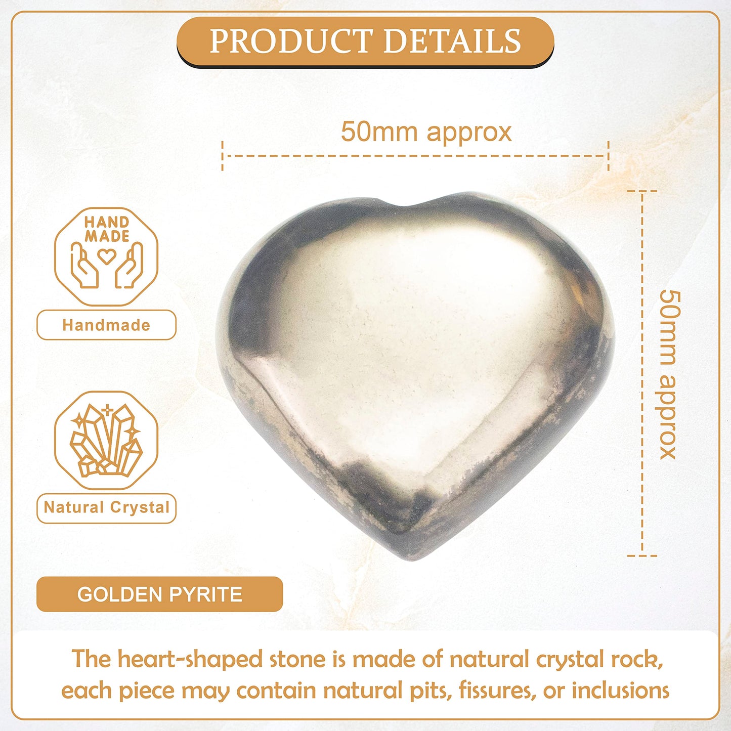 Crocon 50mm Golden Pyrite Heart stone Big Heart Shape Puff Stones Set 450+ Carats Pocket Crystal Healing Tumble Collection Palm Worry Stone Good Luck Charm Meditation Gift Craft Home Decor