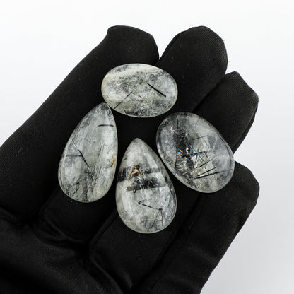 CRYSTALIS Wholesale 4pcs Natural Green Rutile Quartz Loose Gemstone Bulk Cabochons Jewelry Making Supply, Chakra & Healing Polished Stones, Wire Wrapping, DIY, Gem Collection