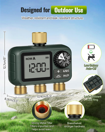 WILAWELS Brass Sprinkler Timer with Swivel, Programmable Water Timer for Garden Hose with Auto/Manual/Rain Delay Watering, Digital Irrigation System Kit,for Garden, Yard, Lawn 3 Outlet F13WT06