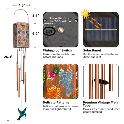 Hummingbird Solar Wind Chimes for Outside, Outdoor Solar Garden Decor Hanging Lantern for Balcony Porch Patio Backyard