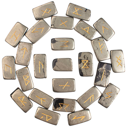 Crocon Golden Pyrite Rectangle Shape Gemstone Runes with Elder Futhark Alphabet Engraved 25 pcs Rune Set Crystal Divination Healing Chakra Reiki Runes Set with a Pouch Size : 20-25mm