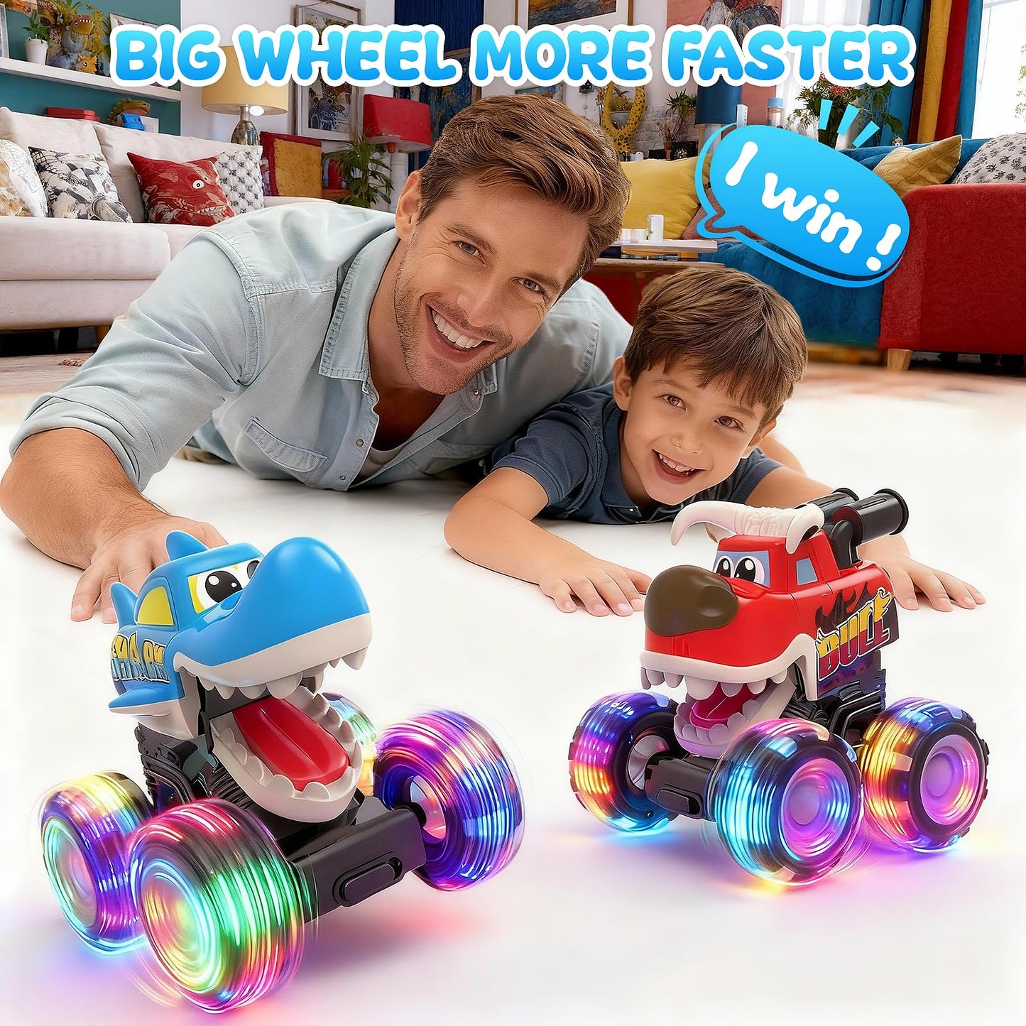 Pnooe Monster Truck Toys, 3 Pack Light Up Cars for Toddlers, Baby Animal Toy Trucks Dino Cars with LED Lightning Wheels, Press & Go Car with Moving Mouth for Kids Boys Girls Christmas Birthday Gifts