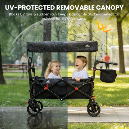 Foldable Wagons with Removable Canopy, Seat Belts, Reversible Handlebar, Removable Canopy, 220lbs Weight Capacity, Folding Wagon for Ages 1+ Years Suitable for Family Travel, Cargo,Gift