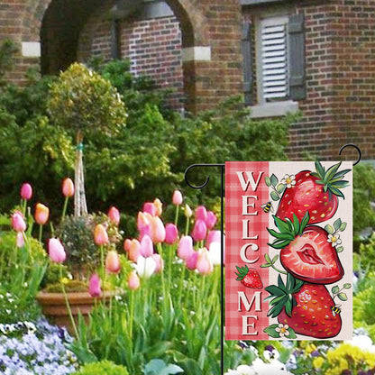 Covido Welcome Spring Summer Strawberry Decorative Garden Flag, Red Fruit Plaid Check Farmhouse Yard Outside Decorations, Seasonal Burlap Outdoor Small Home Decor Double Sided 12 x 18