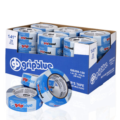 GripBlue Blue Painters Tape 1.5 Inch Wide, 30 Rolls Masking Tape - Perfect for Precise Lines on Walls & Trim, Multi-Surface, Residue-Free, Easy Removal - Ideal for Indoor & Outdoor Use, 1.41in x 60yds