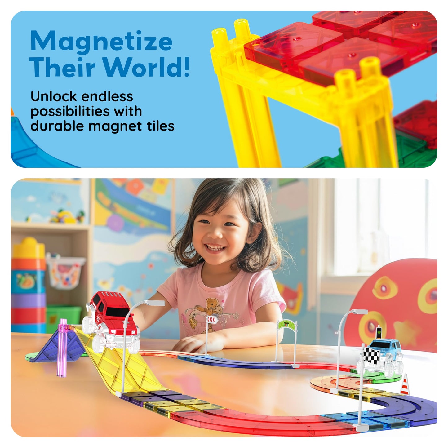 PicassoTiles 45pc Magnetic Tiles Race Track Set With 2 Racing Cars Plus Traffic Accessory Kit STEM Educational Learning Construction Building Magnet Tile Toy For Toddlers Boys Girls Kids Age 3+ PTR451