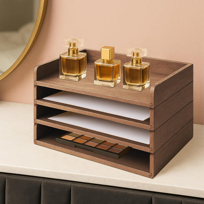 PROLEE Wooden Paper Tray Organizer for Desk,Stackable Paper Holder and Letter Tray,4-Tier Desktop File Storage Rack for Study,Home and Office(Walnut,14" x 9.5" x 2.5")