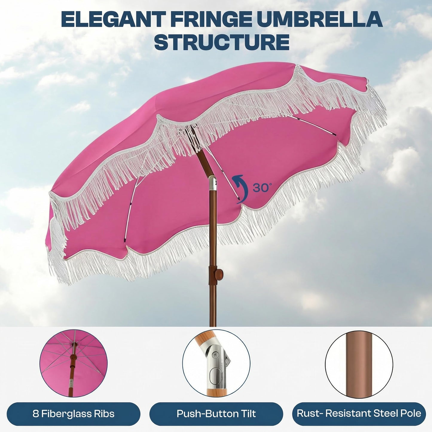 Patio Kingdom 7ft Patio Umbrella with Fringe, Boho Beach Umbrellas, Outdoor Tassels Umbrellas with Push Button Tilt & Carrying Bag, 8 Windproof Fiberglass Ribs, UPF50+, Light Pink