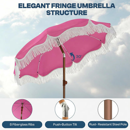 Patio Kingdom 7ft Patio Umbrella with Fringe, Boho Beach Umbrellas, Outdoor Tassels Umbrellas with Push Button Tilt & Carrying Bag, 8 Windproof Fiberglass Ribs, UPF50+, Light Pink