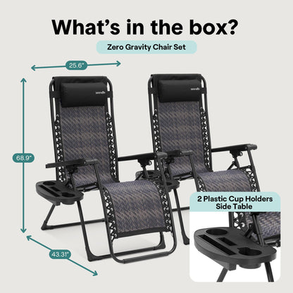 SereneLife Zero Gravity Lounge Chair Set of 2 – Outdoor Reclining Patio Chairs with Rattan Side Table, Cup Holder & Pillow Foldable Lawn Chairs for Patio Furniture, Garden, Beach, or Indoor Relaxation