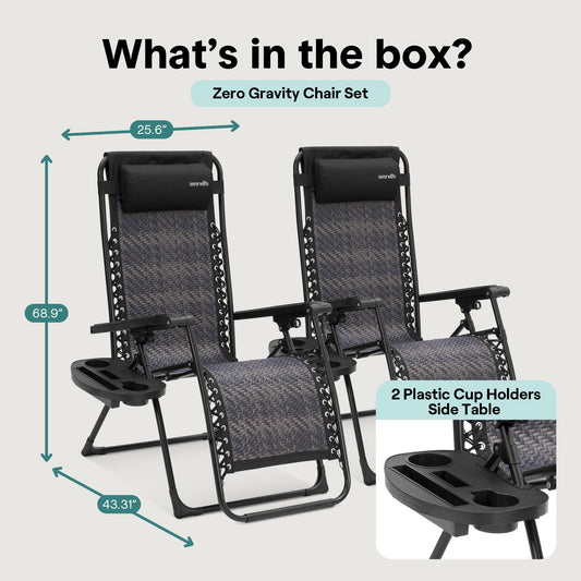 SereneLife Zero Gravity Lounge Chair Set of 2 – Outdoor Reclining Patio Chairs with Rattan Side Table, Cup Holder & Pillow Foldable Lawn Chairs for Patio Furniture, Garden, Beach, or Indoor Relaxation