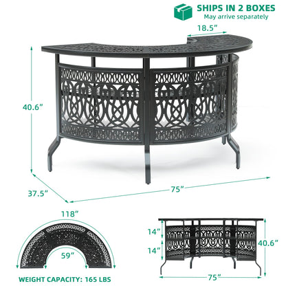 VIVIJASON 75" Large Outdoor Half Moon Bar Table, Heavy-Duty Cast Aluminum Patio Bar Unit with 2-Tier Storage Shelves, All-Weather Garden & Poolside Entertainment Station, Dark Bronze