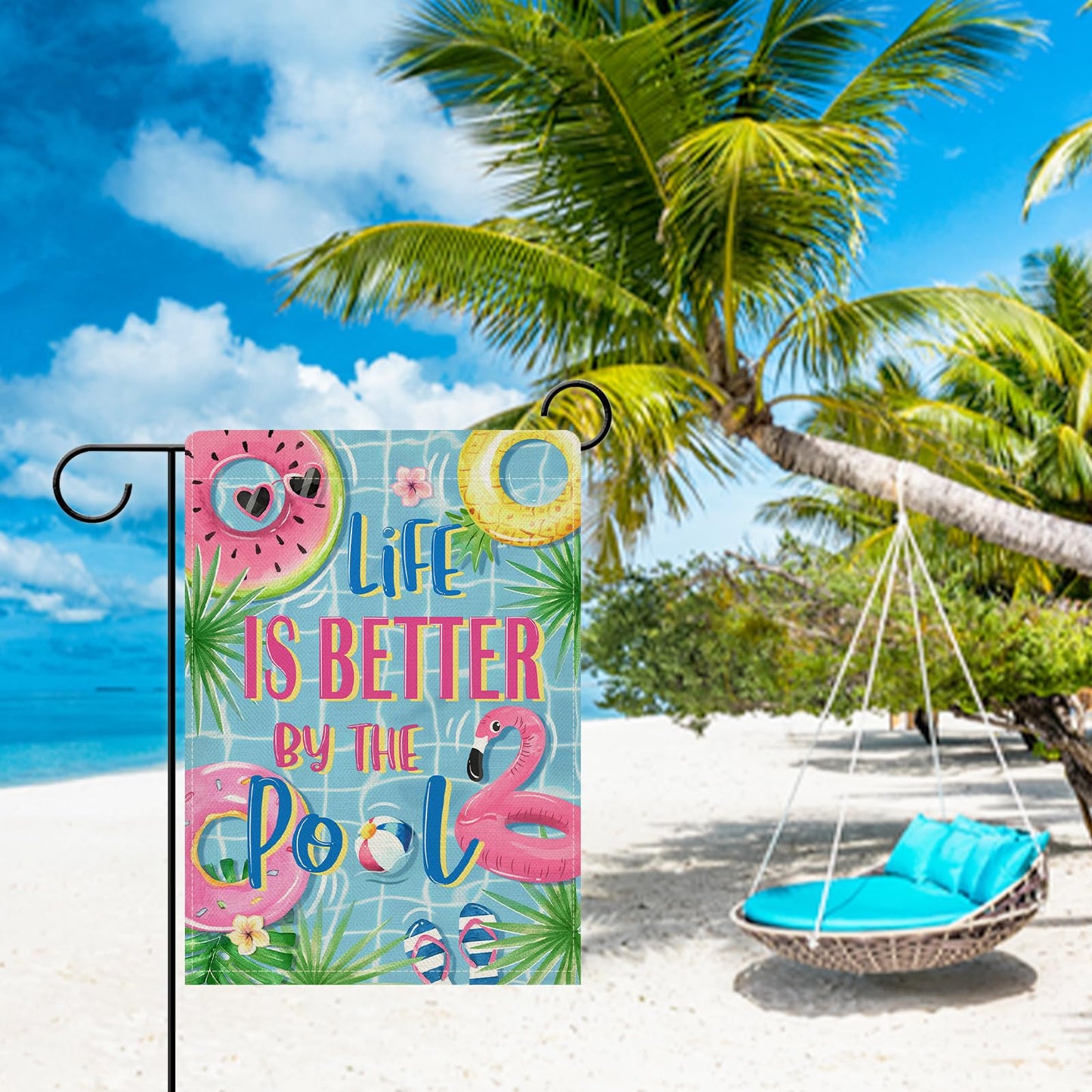 Dyrenson Summer Life is Better by The Pool Decorative Garden Flag, Flamingo Swim Rings Tropical Palm Leaves Yard Outside Home Decoration, Flip Flops Ball Outdoor Small Decor Double Sided 12 x 18