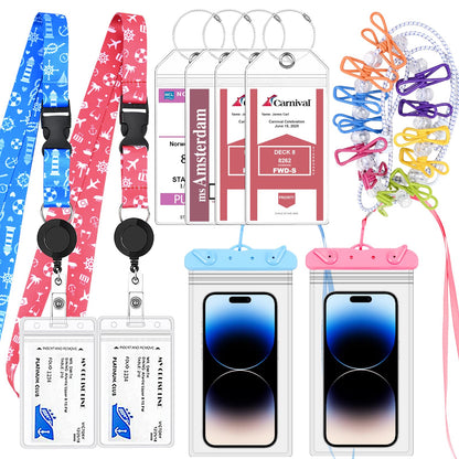 Cruise Ship Essentials 2025, 4 Cruise Luggage Tag Holders, 2 Retractable Cruise Lanyard, 2 Waterproof Phone Pouch and 1 Travel Clothesline for Cruise Ship, Royal Caribbean, Carnival Cruise Lines